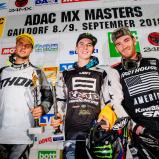 ADAC MX Masters 2018, Gaildorf, Gesamtsiegerehrung beim ADAC MX Masters v.l.n.r.: Jordi Tixier ( Frankreich / KTM ), Hunter Lawrence ( Australien / Honda / KMP-Honda-Racing ) und Gregory Aranda ( Frankreich / Kawasaki / Sturm Racing Team )